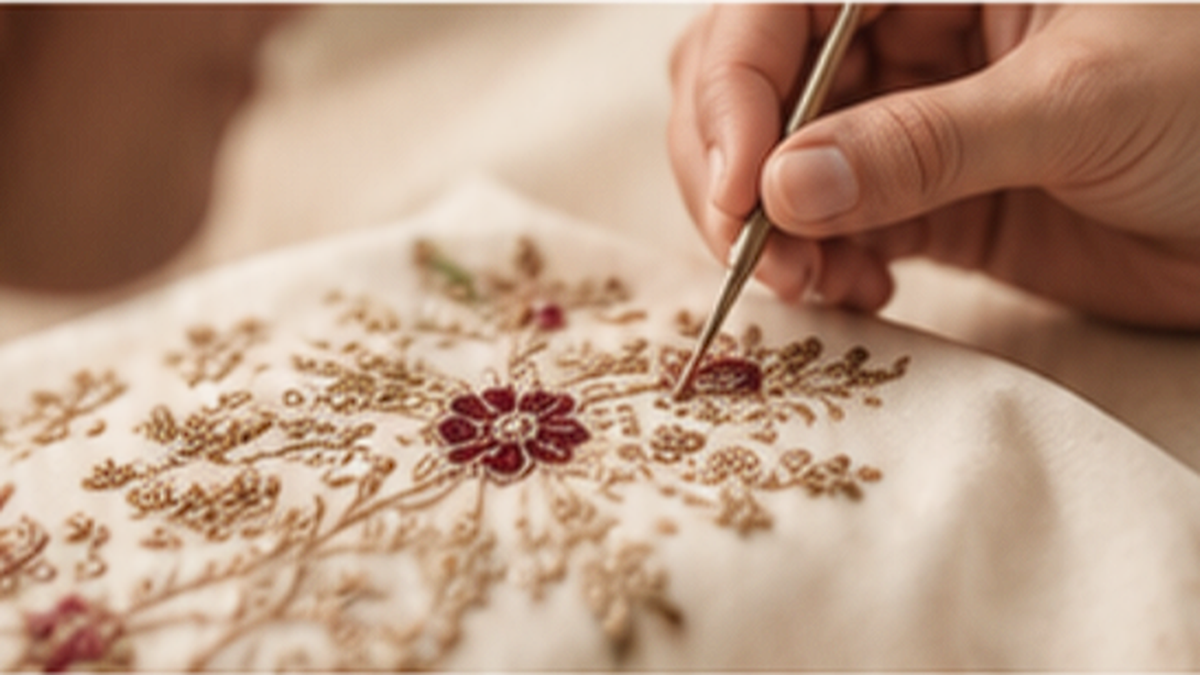 Artisan hand embroidering floral patterns on ivory fabric