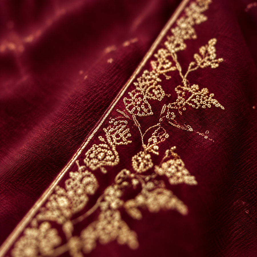 Burgundy fabric with detailed antique-gold embroidery